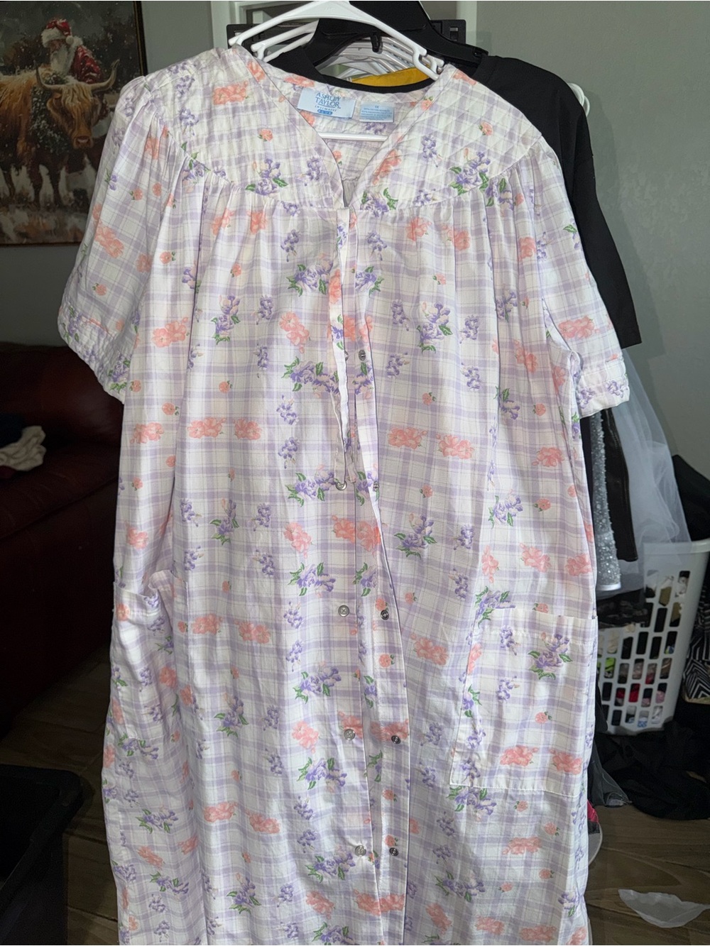Ashley Taylor Lavender Plaid Dress with Peach Floral Accents